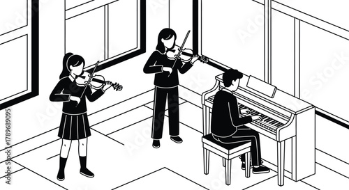 Illustration of musicians playing violin and piano in monochrome art