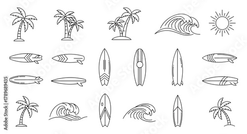 A collection of surfing and beach themed line art icons including surfboards, palm trees, and waves.