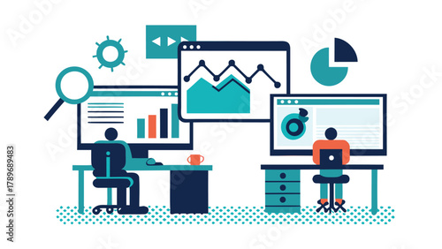 Diverse team of seo specialists collaborating to analyze keyword data and optimize website rankings for improved online visibility and search engine performance