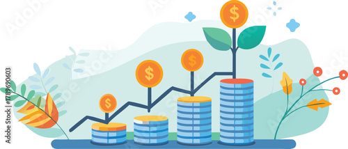 A vibrant vector illustration of a stack of shiny gold coins with small green plants sprouting from the top symbolizing growth and prosperity