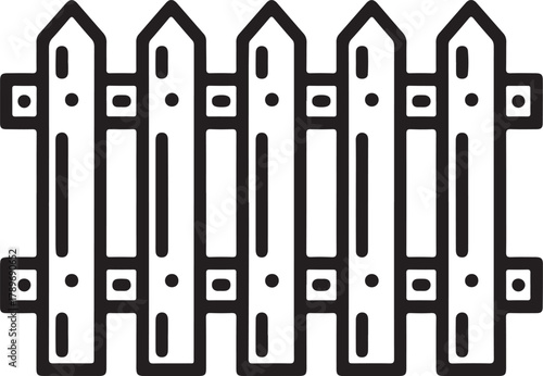 Picket fence vector icon illustrating a boundary or property line with traditional wooden posts