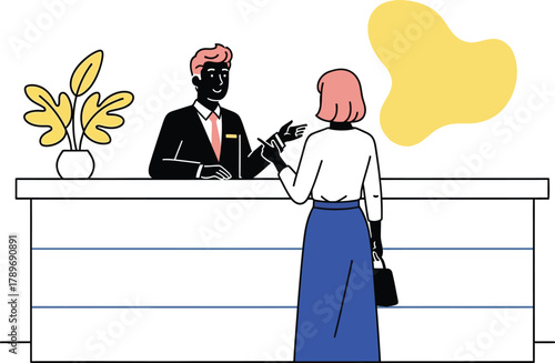 Hotel check in vector illustration reception desk and guest scene