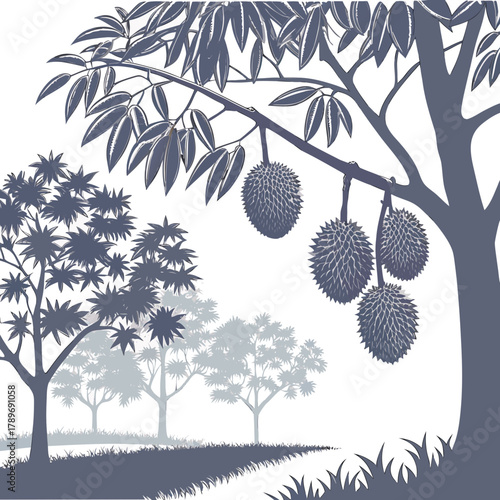 Durian fruits hanging from branches of a durian tree in a tropical orchard with lush foliage and grass