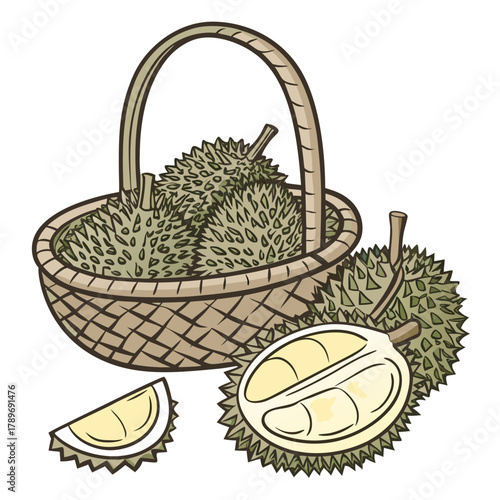 A woven basket overflowing with spiky durian fruits and a cut durian showing its creamy flesh