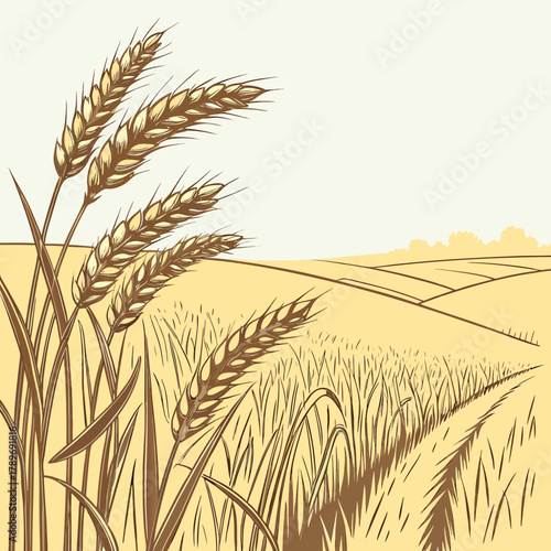 Golden wheat stalks sway gently in the breeze across a sunlit agricultural field with rolling hills in the background
