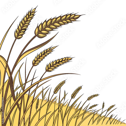 Golden wheat stalks and leaves sway gently in a stylized illustration with a white background