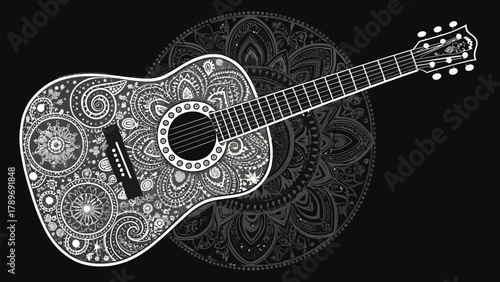 Acoustic guitar with intricate decorative patterns, a stunning musical silhouette design element for creative projects