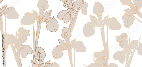 Golden iris flowers vector luxury floral background. Abstract floral art for decor, wallpaper or covers