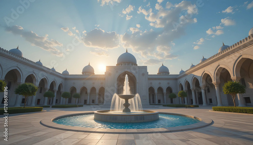 Peaceful Islamic courtyard under soft morning sky, fountain sparkling in first sunlight