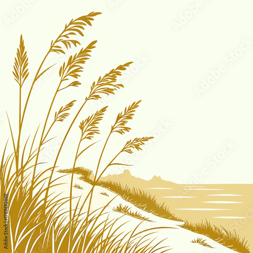Golden beach grass sways gently in the wind against a backdrop of calm ocean and distant hills