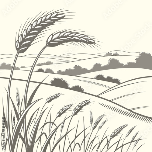 Stylized illustration of golden wheat fields and rolling hills under a pale sky