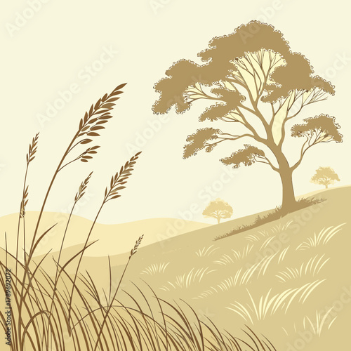 Stylized sepia toned landscape illustration featuring tall grasses in the foreground and a large tree on a rolling hill