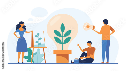 Diverse group of people nurturing a vibrant green sprout symbolizing sustainable innovation growth and environmental responsibility in a collaborative effort