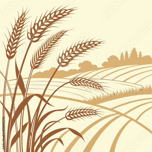 Stylized illustration of golden wheat stalks in the foreground with rolling cultivated fields and trees in the background