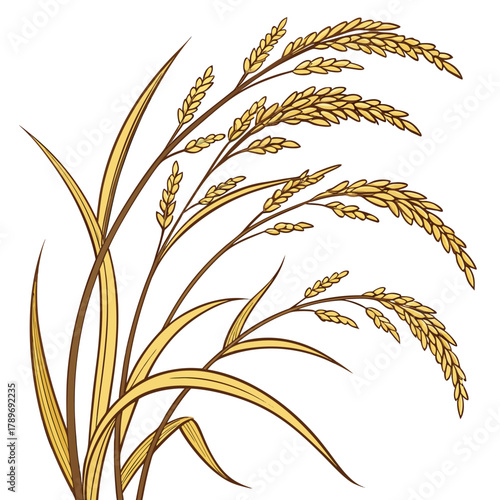 Golden stalks of ripe rice plants with long green leaves symbolizing harvest and abundance