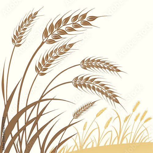 Stylized illustration of brown wheat stalks with leaves and golden wheat ears in the background against a cream backdrop