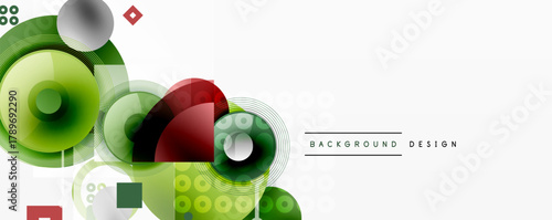 Abstract vector design. Overlapping circles, squares, lines create modern visual. Green, red, gray hues dominate composition. Minimalist style.