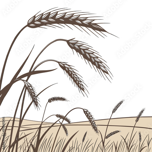 Stylized illustration of ripe wheat stalks swaying gently in a golden field under a bright sky