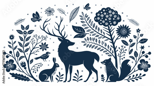 Enchanting forest animal silhouette art featuring deer, fox, hare and bird amidst floral elements for captivating designs