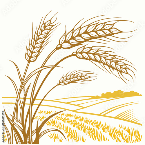 Stylized illustration of golden wheat stalks and fields representing agriculture and harvest bounty