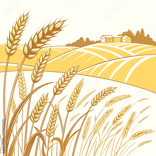 Golden wheat fields under a bright sky with farmhouses and rolling hills in the distance