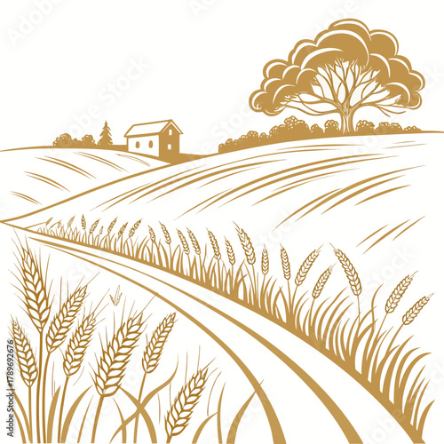 Golden wheat fields stretch across rolling hills towards a quaint farmhouse under a majestic tree