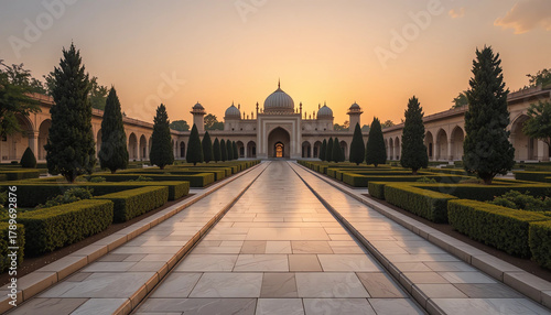 Islamic palace garden with marble walkway and orange sky, first light of day, adobe stock