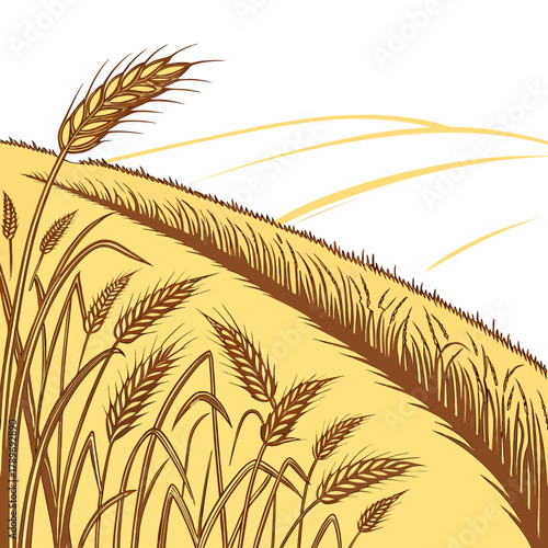 Stylized illustration of a golden wheat field with rolling hills in the background under a bright sky