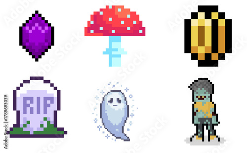 Pixel Fantasy Icons Set – Gem, Mushroom, Coin, Ghost & Character Game Assets