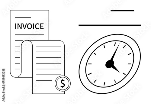 Invoice document, dollar sign, analog clock illustrating time management, billing, financial planning. Ideal for finance, business, scheduling, time tracking accounting productivity deadlines