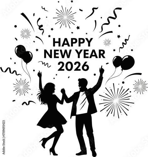 Create a Happy new year title design 2026 elements party man and women dancing vector art silhouette with white background..