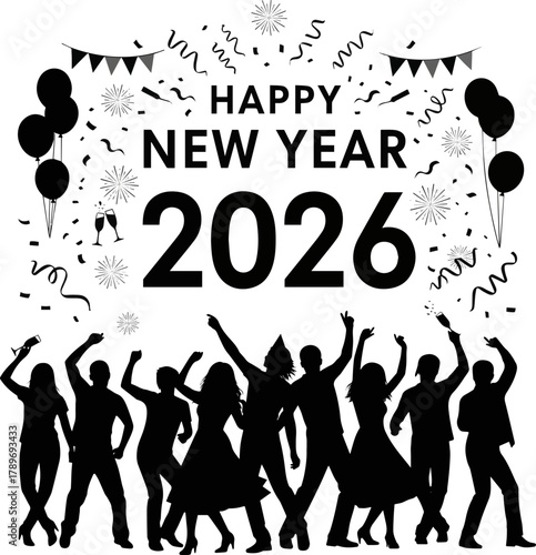 Create a Happy new year title design 2026 elements party man and women dancing vector art silhouette with white background..