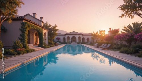 Andalusian garden in early morning, pink sky and silent water pool, AI render, 8K