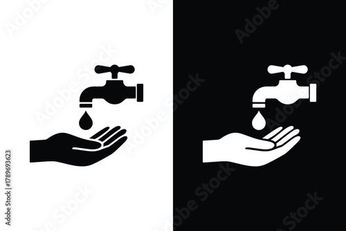 Water conservation and hygiene icon, Hand catching faucet drip