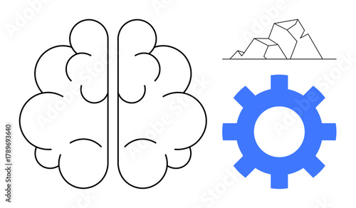 Brain split into two halves, blue gear symbol, angular abstract shapes. Ideal for creativity, innovation, problem-solving, intelligence, technology teamwork education. Simple flat metaphor