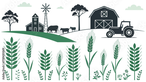 Vibrant farm silhouette with tractor, barn, cows, and wheat stalks, evoking rural life and agriculture