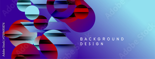 Abstract geometric shapes overlap, creating dynamic visual effect. Blue, purple, red gradients dominate composition. Modern design element.