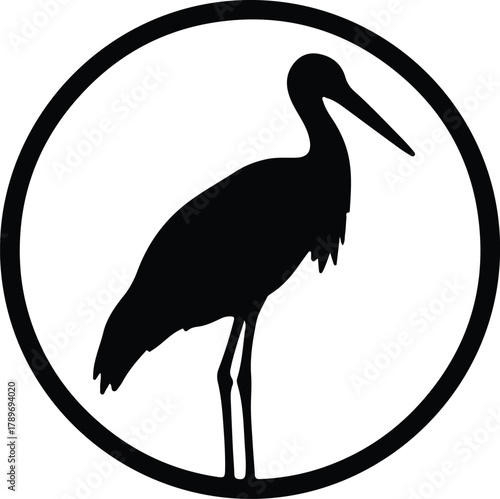 Illustration of a standing heron silhouette in circular frame vector