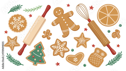 Delightful Christmas cookie silhouette collection with baking tools and festive greenery