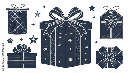 Elegant gift box silhouette collection with festive stars for celebration design