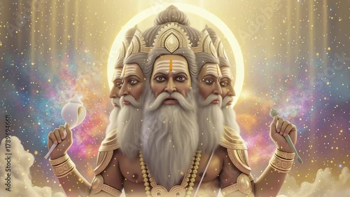 Lord Brahma seated in deep meditation upon a radiant lotus of creation, surrounded by cosmic light, floating petals, and the subtle glow of the universe forming around him.