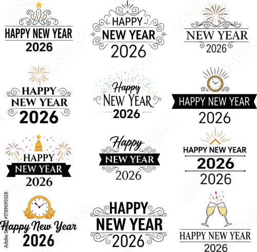 Create a kinds of deferent Happy new year title 2026 elements vector art with white background..