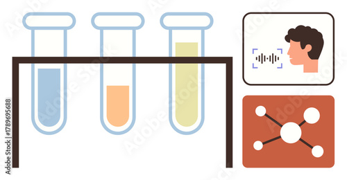 Test tubes filled with colored liquids, facial recognition illustration, molecular diagram. Ideal for science, research, technology, health, AI, innovation education simple flat metaphor
