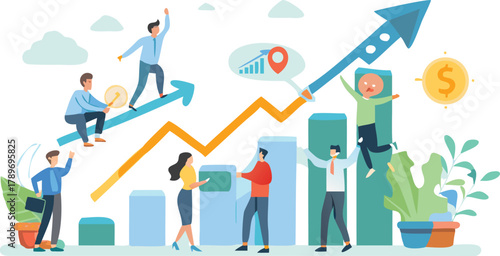 Diverse team of professionals collaborating to build a successful upward trending arrow symbolizing growth progress and achievement in business