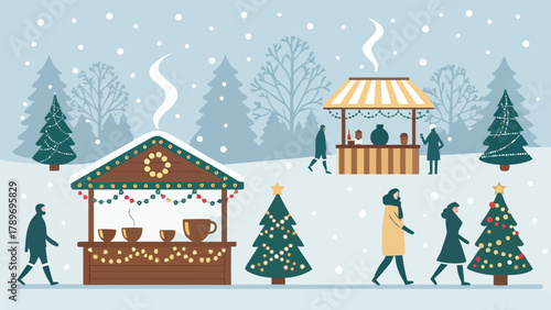 Festive holiday market silhouette with people enjoying winter scene and glowing Christmas trees