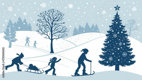 Joyful winter scene silhouette of children sledding skiing and ice skating under falling snow with a festive tree