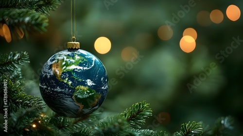 Colorful globe ornament hanging on a Christmas tree surrounded by festive lights