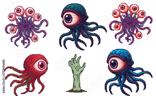 Pixel Eyeball Octopus Monsters & Zombie Hand – Retro Horror Game Sprite Icons"