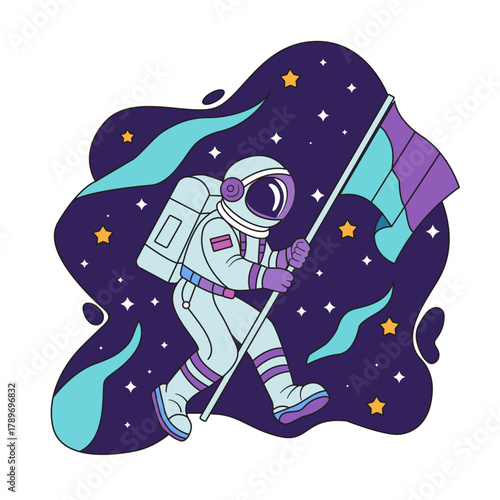 Astronaut with flag in outer space vector illustration