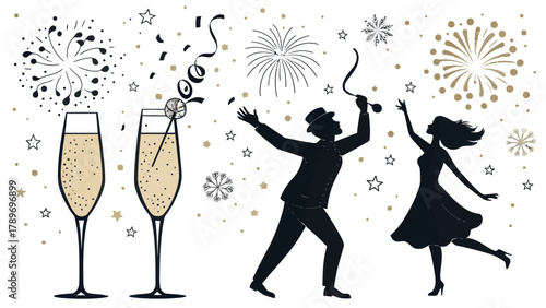 Celebration silhouette with champagne, fireworks, and dancing couple, perfect for festive events and joyous occasions.